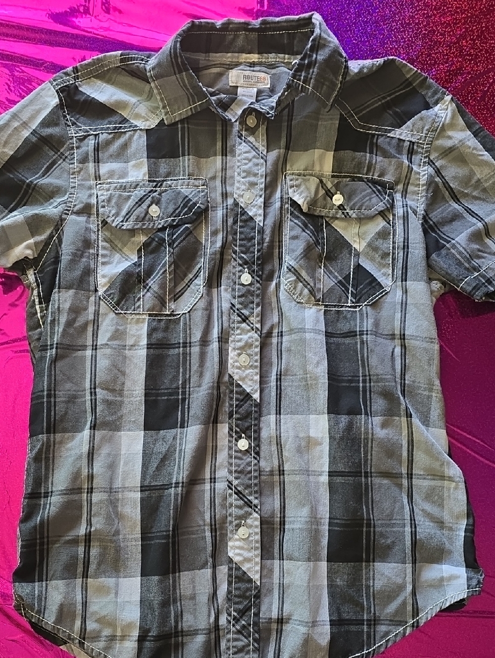 Route 66 Men’s Black and Gray Plaid Short-Sleeve Button-Down Shirt